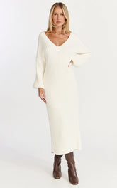 Kartia Midi Dress - V Neck Knit Dress in Off White