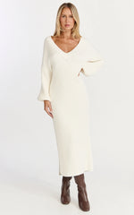 Kartia Midi Dress - V Neck Knit Dress in Off White