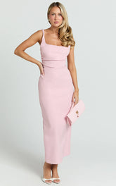 Eugenia Midi Dress - Square Neck Fitted Dress in Pink