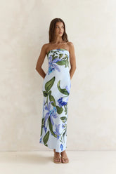 Bells Of Spring Satin Strapless Maxi Dress Blue