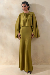 Vanthea | Olive Satin Round-Neck Maxi Dress With Cape-Sleeves