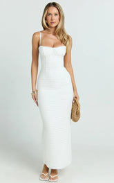 Marcelina Midi Dress - Sweetheart Neck Bodycon Dress in Off White