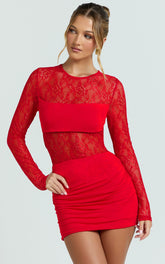 Imelda Mini Dress - Contrast Lace Long Sleeve Ruched Bodycon Dress in Red