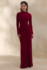 Karessa | Berry High-Neck Maxi Dress With Gathered Detailing And Front-High Split