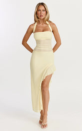 Almarie Midi Dress - Halter Neck Mesh Dress in Lemon