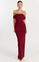 Karina Maxi Dress - Off Shoulder Corset Bodice Lace Up Back Dress in Wine
