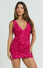 Viola Mini Dress - 3D Floral Plunge Neck Dress in Pink