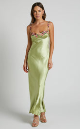 Harmony Maxi Dress - Floral Detail Cup Bust Satin Dress in Citrus