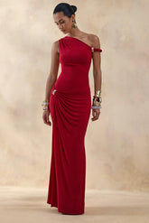 Caelia | Red Asymmetric-Neck Maxi Dress With Gold-Detailing And Sash