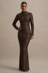Galaxy | Brown Sequin Turtle-Neck Long-Sleeve Maxi Dress