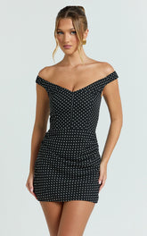 Charlie Mini Dress - Polka Dot Off Shoulder Gathered Dress in polkadot