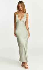 Khalani Maxi Dress - Deep V Neck Satin Slip Dress in Light Olive