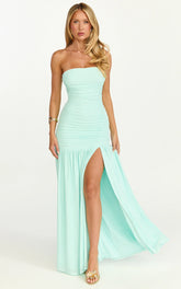 Marguerite Maxi Dress - Strapless Ruched Mesh High Leg Split Dress in Mint
