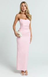 Pietra Midi Dress - Scoop Neck Side Seam Tucks Fitted Dress in Pink