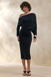 Dalissa | Black Asymmetric-Neck Midi Dress With Draped-Detailing