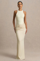 Akari | Cream Crew-Neck Maxi Dress With Satin Skirt