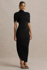 Enchant | Black Asymmetric Twisted Cape Midi Dress