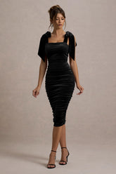 Tarna | Black Velvet Midi Dress With Bow Straps