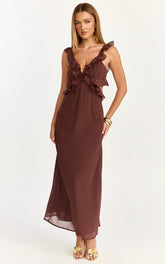 Alessa Midi Dress - V Neck Frill Detail Empire Waist Back Cut Out Dress in Brown