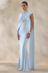 Rubelle | Powder Blue Asymmetric-Neck Maxi Dress With Draped-Detailing