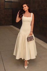 Parida | Cream Poplin Drop-Waist Midi Dress With Peplum Hem