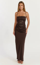 Rania Maxi Dress - Contrast Lace Bodice Bias Cowl Drop Waist Dress in Chocolate