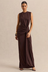 Blythia | Brown Round-Neck Maxi Dress With Gathered-Detailing
