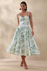 Audrey | Green Floral Print Sweetheart-Neck Midi Dress With Ruching Detail
