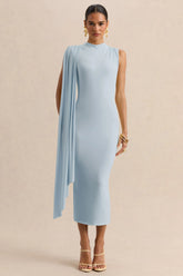 Oleandra | Light Blue High-Neck Midi-Dress With Draped-Detail