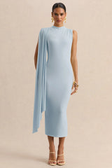 Oleandra | Light Blue High-Neck Midi-Dress With Draped-Detail