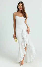 Brionna Maxi Dress - Lace Neck Ruched Ruffle Hem Dress in White