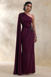 Solace | Dark Plum Asymmetric-Neck Maxi Dress With Front-High Split