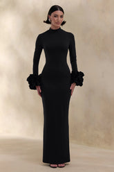 Jaselle | Black High-Neck Maxi Dress With Ruffled Satin-Cuffs