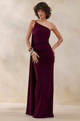Bettine | Burgundy Asymmetric-Neck Maxi Dress With Cape-Sleeve