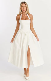 Helda Midi Dress - Halter Tie Neck Corset Panel Dress in Off White