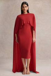 Kalani | Red Crew-Neck Midi Dress With Cape-Sleeves