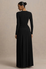 Estrella | Black High-Neck Maxi Dress With Ruched Detailing