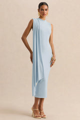 Oleandra | Light Blue High-Neck Midi-Dress With Draped-Detail