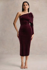 Vespera | Burgundy Velvet Asymmetric Neck Midi Dress With Bow Detail