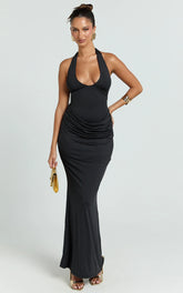 Heath Maxi Dress - Scoop Halter Neck With Drape Front Skirt Back Split Dress in Black