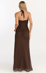 Eleonor Maxi Dress - Plunge Halter Tiered Ruffle Front Split Dress in Chocolate