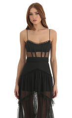 Mesh Corset Maxi Dress in Black