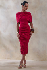 Parisia | Red Round-Neck Midi Dress With Cape-Detail
