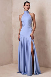 Luscious | Powder Blue High-Neck Maxi Dress With Drop-Waist And Bow Detail