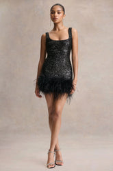 Rosalinda | Black Sequin Square-Neck Mini Dress With Feather Trim