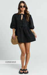 Shailene Mini Dress - Tie Front Puff Sleeve Recycled Denim Dress in Black Wash Panel