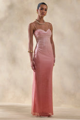 Feloria | Coral Ombre Sequin Cowl-Neck Maxi Dress