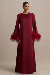 Adella | Burgundy Satin Feather-Trim Maxi Dress