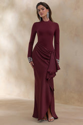 Starred | Burgundy Crew-Neck Maxi Dress With Drop-Waist And Satin Wrap-Skirt