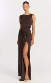 Coraline Maxi Dress - High Neck Sleeveless Draped Sash Dress in Chocolate